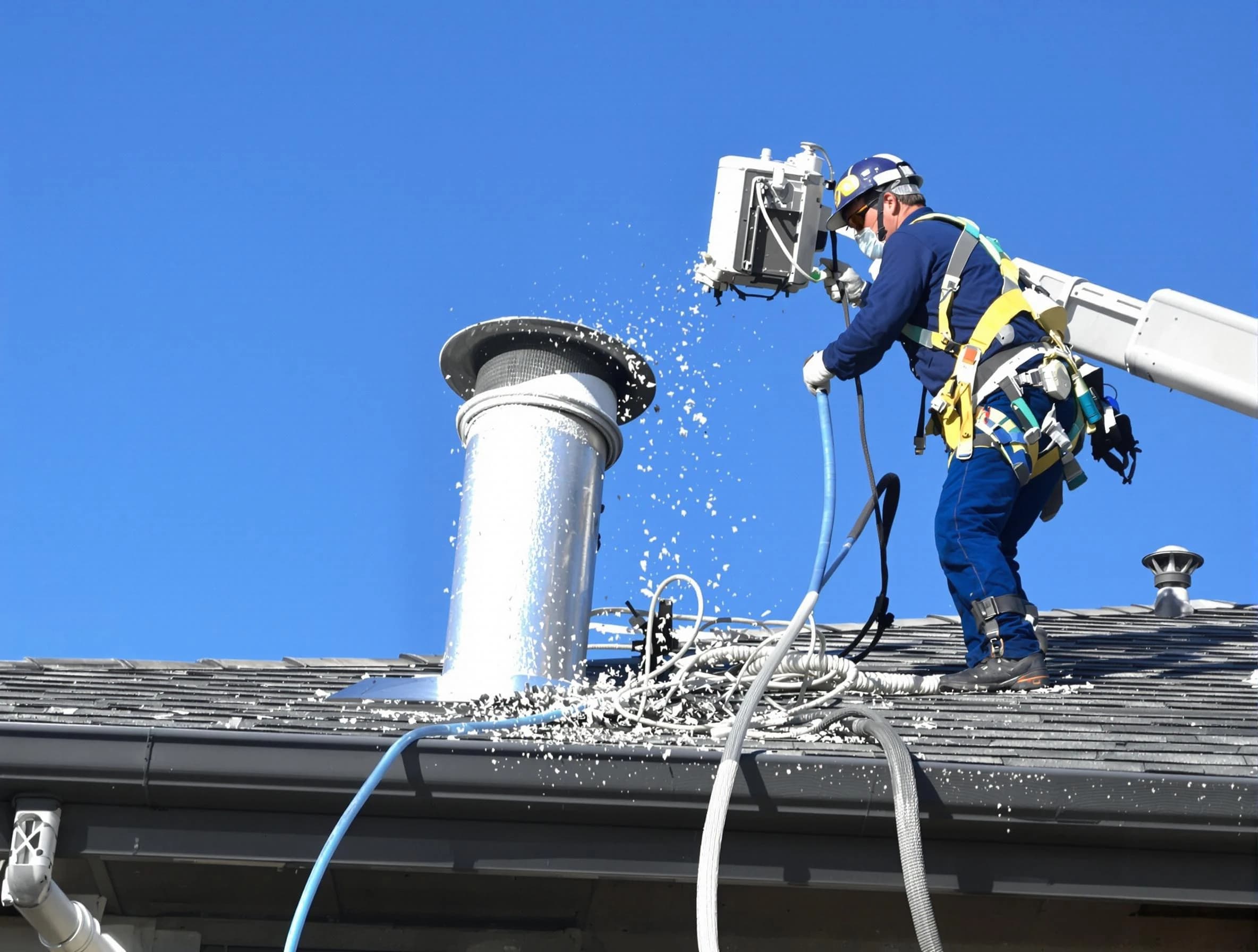 Leominster Dryer Vent Cleaning certified technician safely cleaning a roof-mounted dryer vent in Leominster