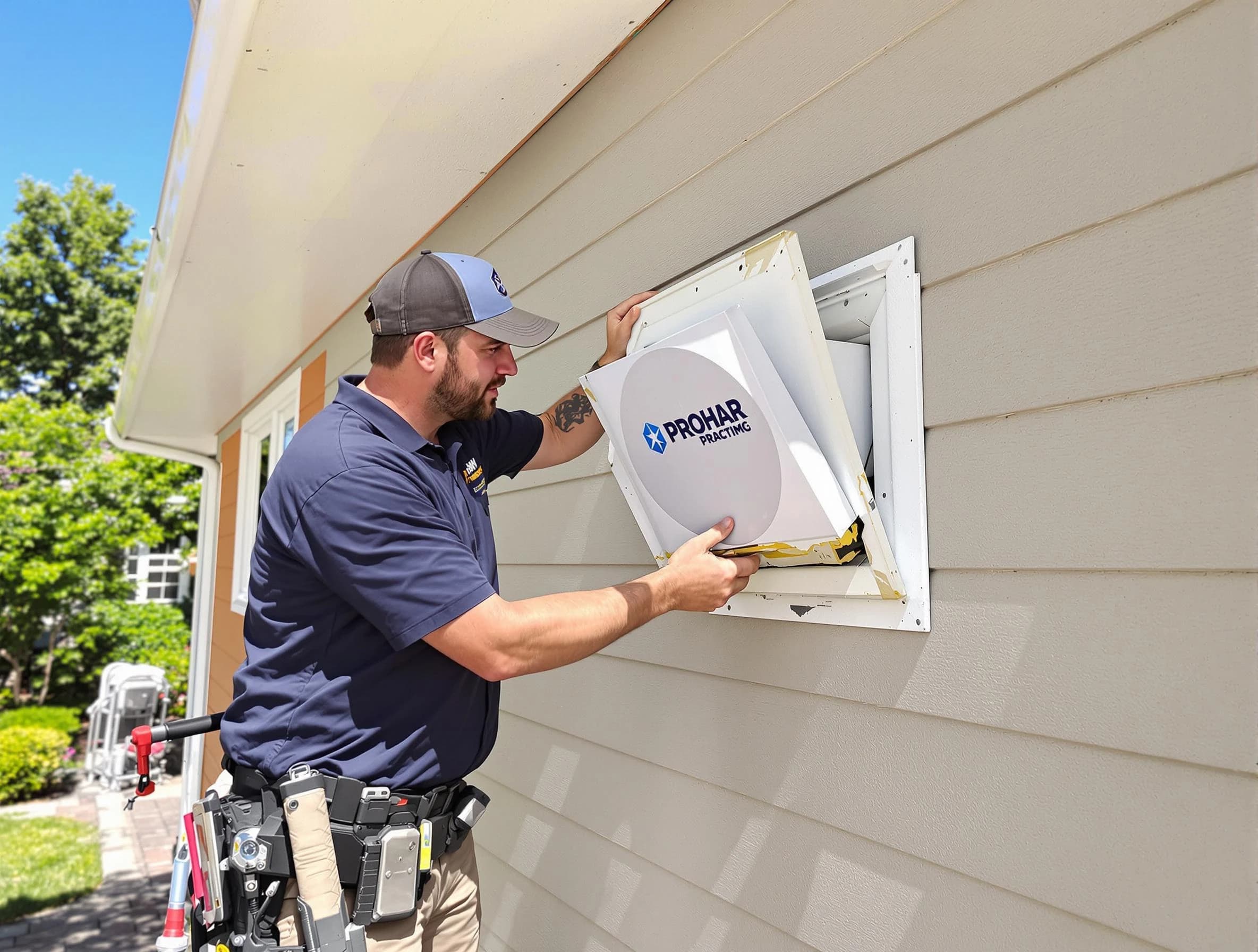 Leominster Dryer Vent Cleaning technician installing a new protective dryer vent cover on a home in Leominster