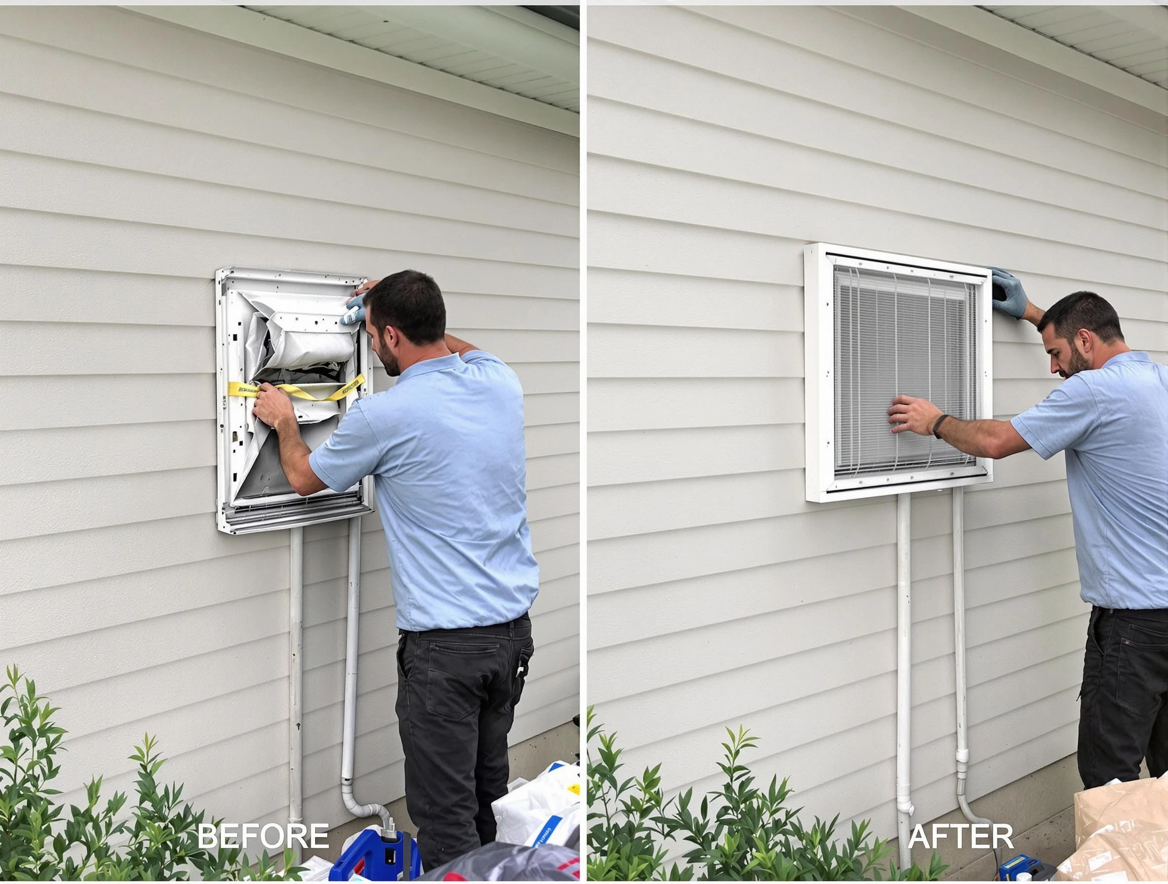 Leominster Dryer Vent Cleaning technician installing high-quality dryer vent cover at a residential property in Leominster